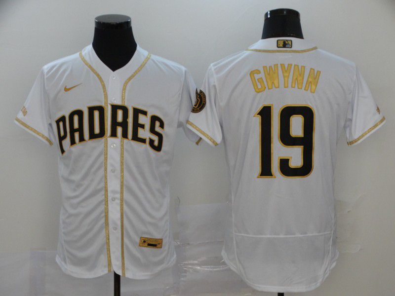Men San Diego Padres #19 Gwynn White Retro gold character Nike Elite MLB Jerseys->boston red sox->MLB Jersey